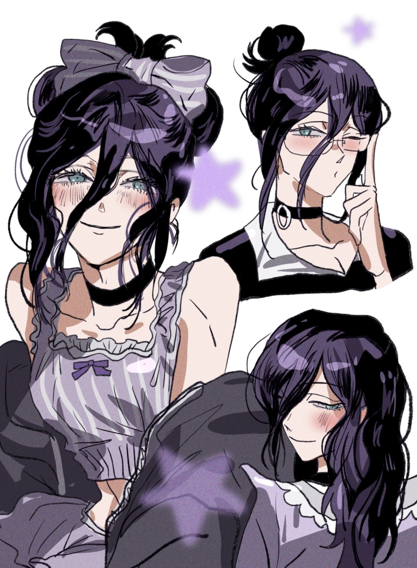 1girl alternate_costume alternate_hairstyle black_choker bow busuttt chainsaw_man choker commentary grenade_pin grey_eyes hair_between_eyes hair_bow hair_bun highres long_hair long_hair_between_eyes looking_at_viewer multiple_views pajamas purple_bow purple_hair purple_pajamas reze_(chainsaw_man) sleepwear symbol-only_commentary