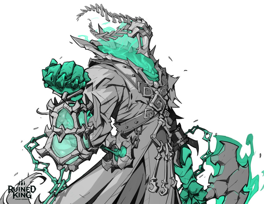 1boy aron_lusen black_jacket chain clenched_hand from_side ghost gloves glowing glowing_eye gradient_background green_gloves grey_background hand_up hicham_habchi highres holding holding_lantern jacket key lantern league_of_legends long_hair male_focus mask official_art open_mouth ruined_king:_a_league_of_legends_story solo spot_color thresh_(league_of_legends) torn_clothes torn_jacket white_background