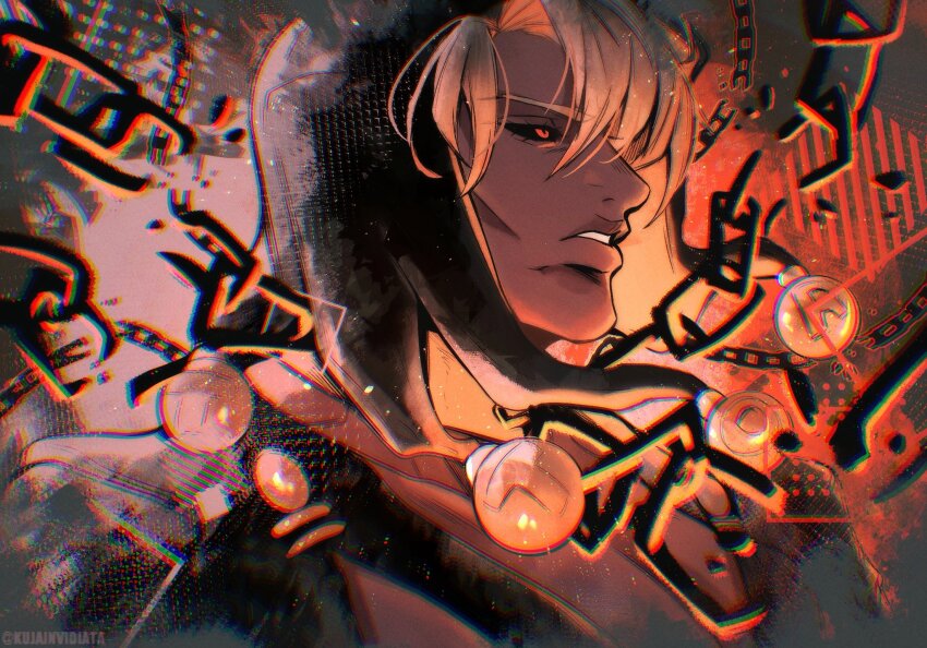 1boy black_hood black_sclera broken broken_chain chain colored_sclera commentary english_commentary grey_hair highres hood hood_up jojo_no_kimyou_na_bouken kujaarts male_focus parted_lips profile red_eyes risotto_nero short_hair solo teeth upper_body vento_aureo