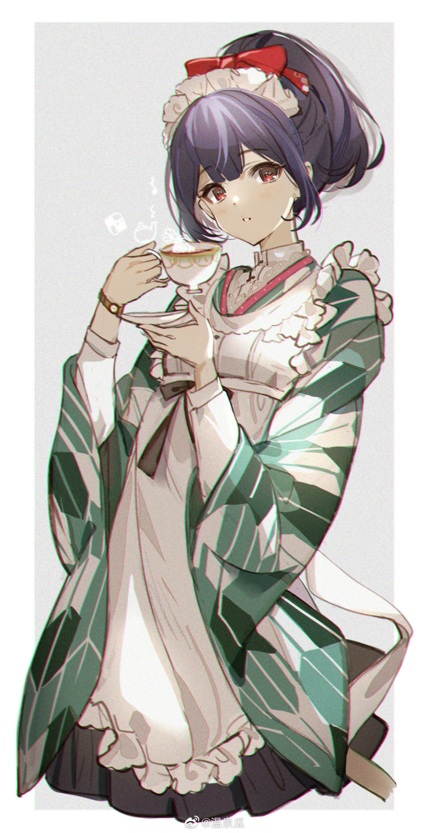1girl absurdres apron black_hair cup dress highres holding holding_cup idolmaster idolmaster_shiny_colors long_hair looking_at_viewer maid_apron morino_rinze open_mouth red_eyes simple_background solo wenquangua