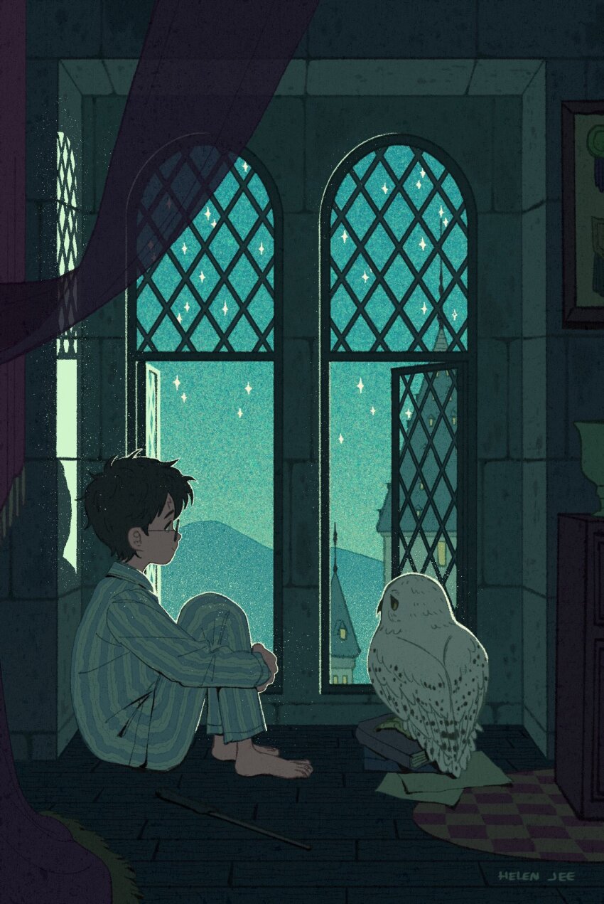 1boy barefoot bird black_hair book glass glasses harry_potter harry_potter_(series) hedwig helen_jee highres hugging_own_legs letter looking_outside night owl pajamas short_hair sitting sky spire star_(sky) starry_sky striped_clothes striped_pajamas wand window windowsill wizarding_world