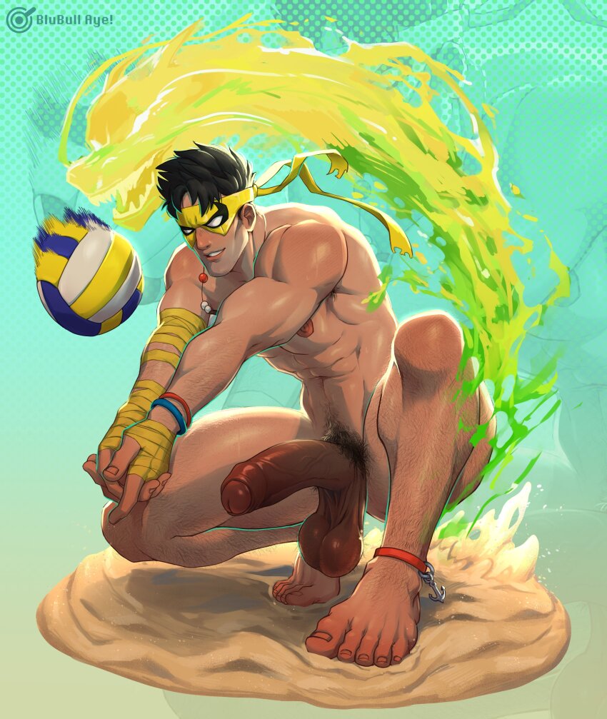 1boy abs absurdres armpit_hair armpit_hair_peek ball bara barefoot beach_volleyball black_hair blubullaye commentary completely_nude english_commentary erection foreskin highres huge_penis iron_fist_(marvel) leg_hair lin_lie_(marvel) male_focus male_pubic_hair marvel marvel_rivals mask muscular muscular_male navel nipples nude parted_lips pectorals penis pubic_hair sagging_testicles sand short_hair solo testicles variant_set veins veiny_penis volleyball_(object)