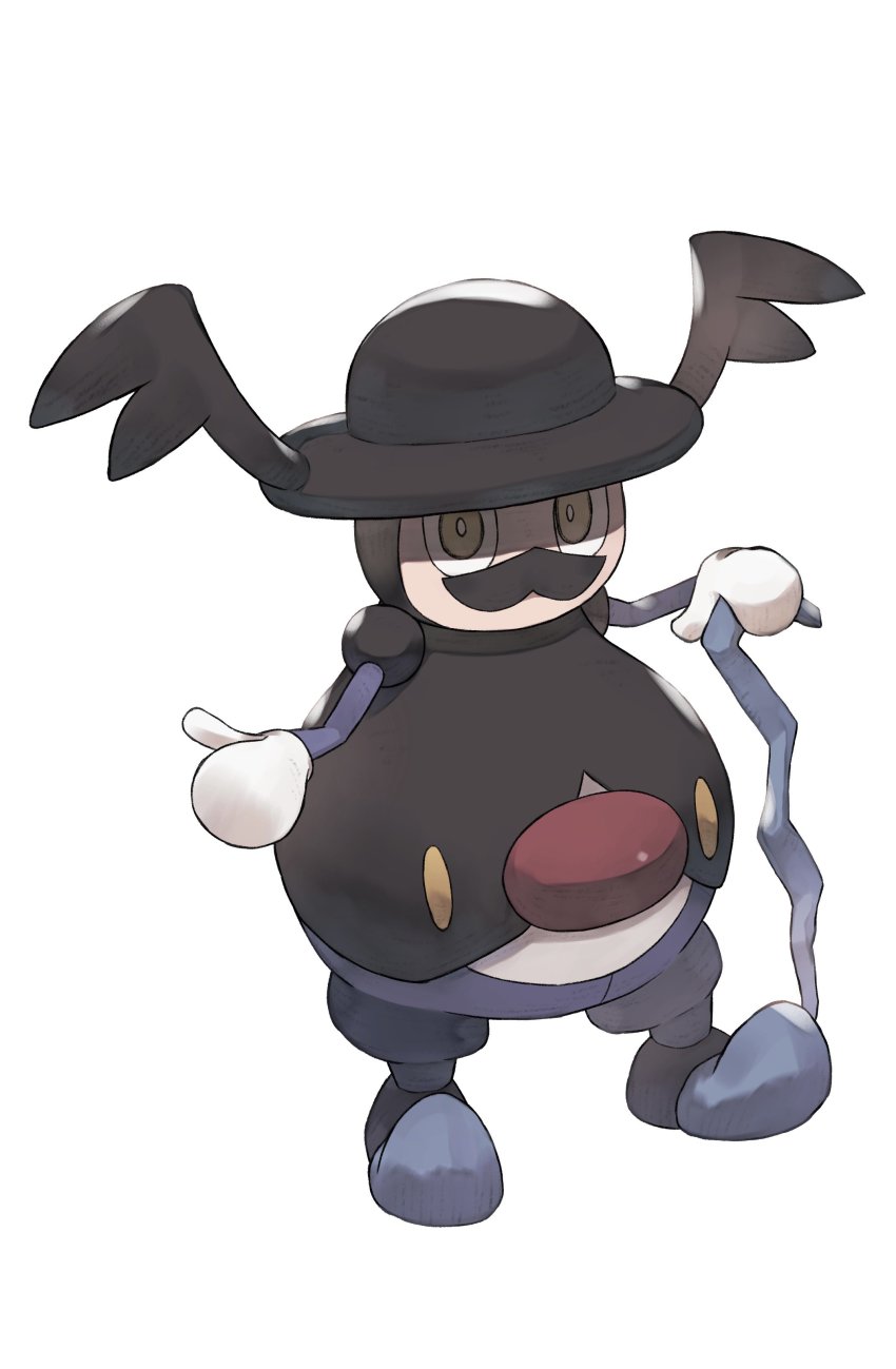 absurdres black_hat bright_pupils cane facial_hair full_body game_freak gen_8_pokemon hat highres holding holding_cane mr._rime mustache nintendo no_humans odd_(hin_yari) pokemon pokemon_(creature) pokemon_focus simple_background solo white_background white_pupils yellow_eyes