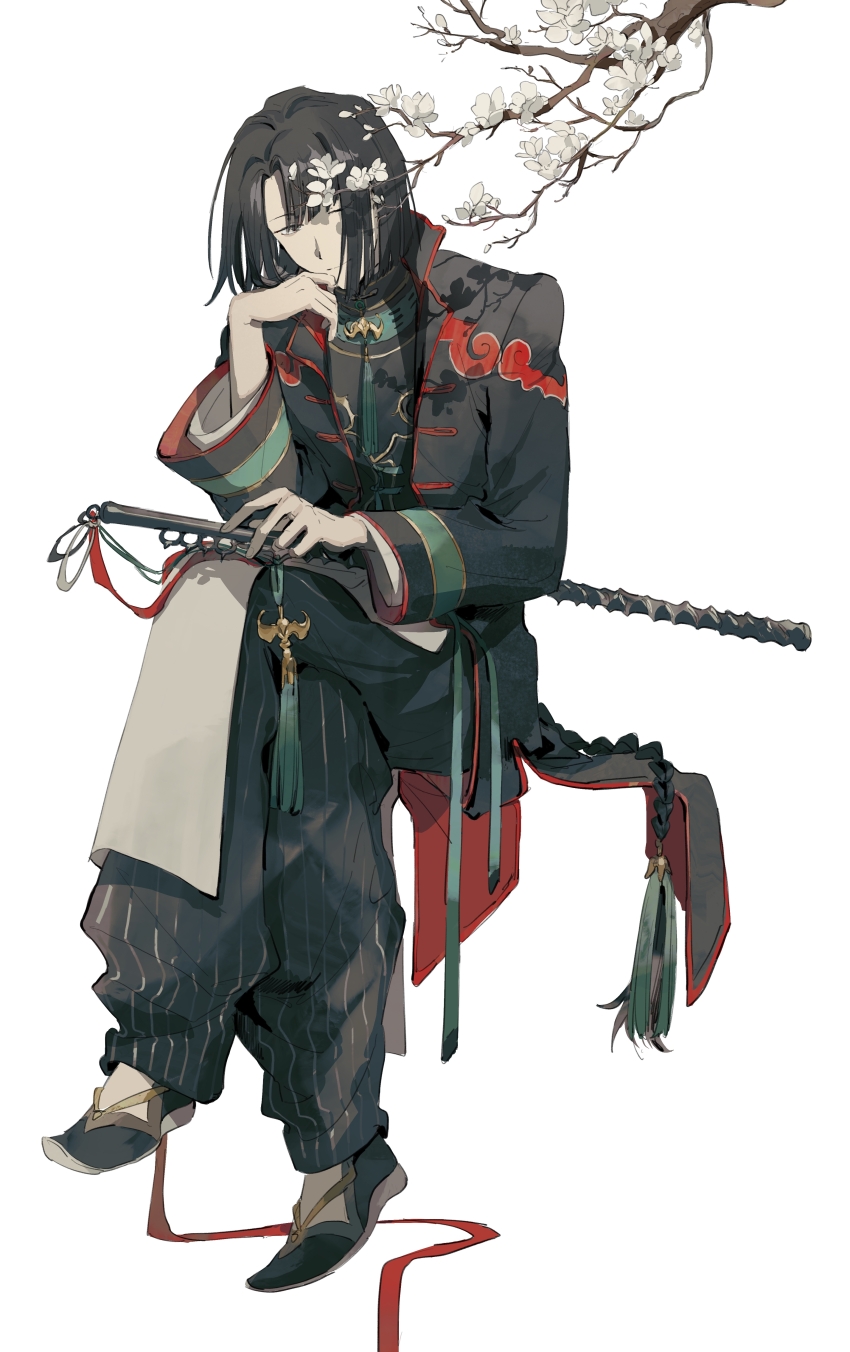 1boy absurdres black_coat black_hair black_pants black_shirt blunt_ends chinese_clothes coat fate/grand_order fate_(series) hanfu head_rest highres holding holding_sword holding_weapon light_smile long_sleeves looking_at_viewer male_focus mimulishizi one_eye_closed pants sandals sheath sheathed shirt simple_background solo striped_clothes striped_pants sword taigong_wang_(fate) tassel weapon white_background yellow_eyes