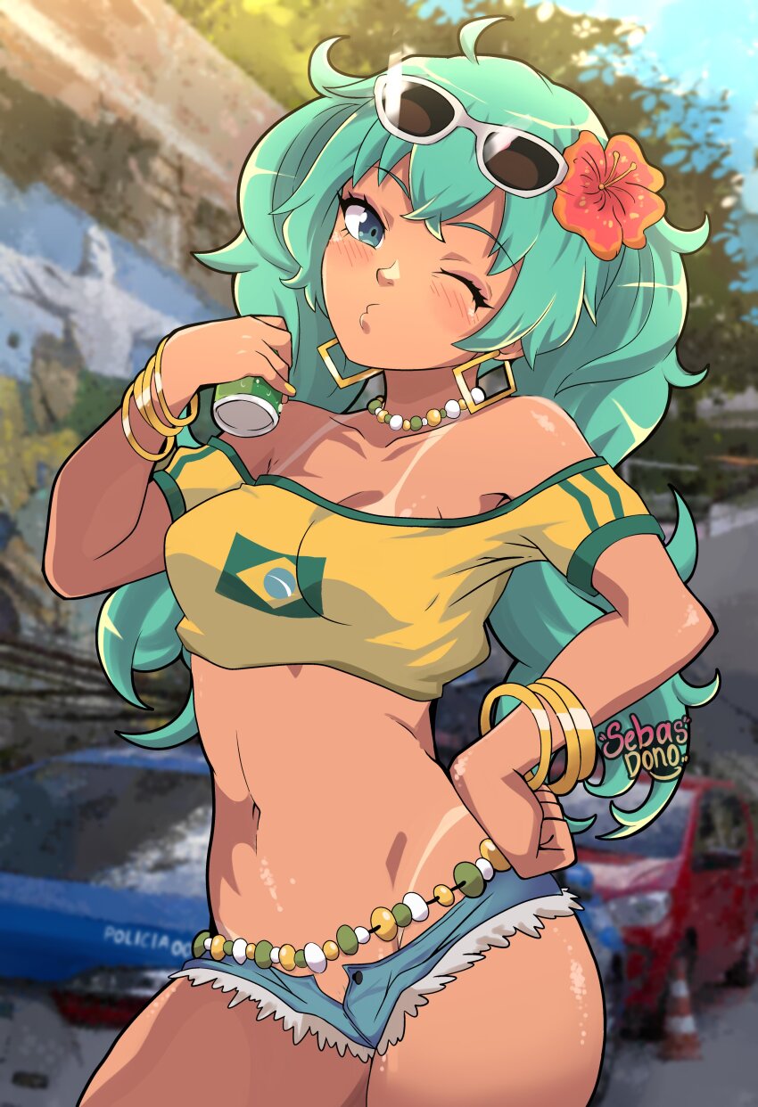 1girl absurdres aqua_eyes aqua_hair bare_shoulders blush bracelet brazilian_flag brazilian_flag_print brazilian_miku breasts can choker commentary cowboy_shot crop_top dark_skin denim denim_shorts english_commentary flag_print flower hair_flower hair_ornament hand_on_own_hip hatsune_miku hibiscus highres holding holding_can jewelry long_hair looking_at_viewer micro_shorts midriff navel no_bra no_panties o3o off-shoulder_shirt off_shoulder one_eye_closed open_fly red_flower sebasdono shirt short_sleeves shorts small_breasts solo standing stomach tan tanline twintails very_long_hair vocaloid yellow_shirt