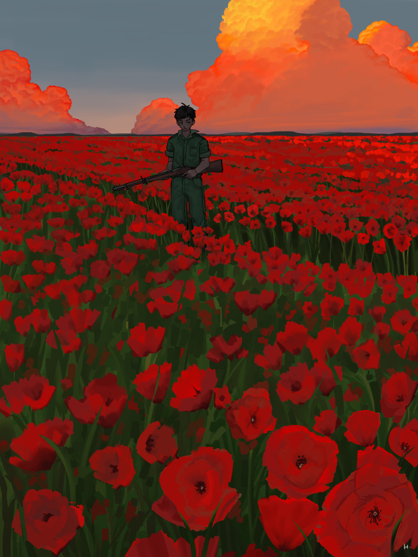 1boy black_hair cloud cloudy_sky commentary english_commentary fear_&amp;_hunger_(series) fear_&amp;_hunger_2:_termina field flower flower_field green_jumpsuit gun haebermani highres holding holding_gun holding_weapon jumpsuit levi_(fear_&amp;_hunger) poppy_(flower) red_flower rifle short_sleeves sky solo standing weapon wide_shot