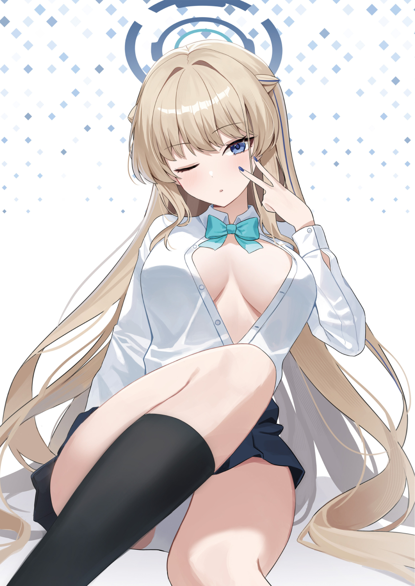 1girl ;o absurdres black_socks blonde_hair blue_archive blue_eyes blue_halo blue_nails bow bowtie breasts halo highres long_hair medium_breasts nannung one_eye_closed panties pantyshot partially_unbuttoned pleated_skirt shirt sitting skirt socks solo toki_(blue_archive) toki_(school_uniform)_(blue_archive) underwear v very_long_hair white_shirt