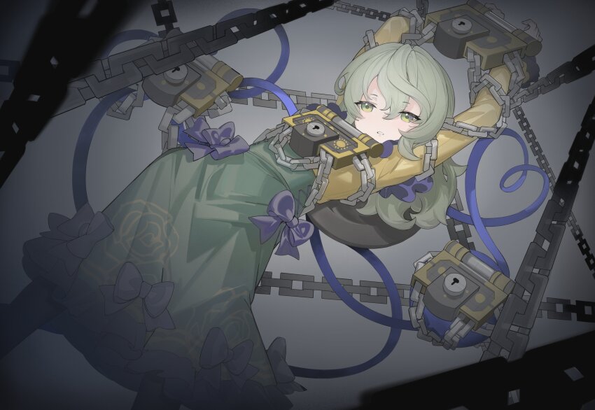 1girl absurdres bow buttons chain devilkillerx diamond_button eyeball frilled_shirt_collar frilled_sleeves frills green_hair green_skirt hat hat_ribbon heart heart_of_string highres komeiji_koishi lock ribbon shirt skirt solo third_eye touhou wide_sleeves yellow_bow yellow_ribbon yellow_shirt