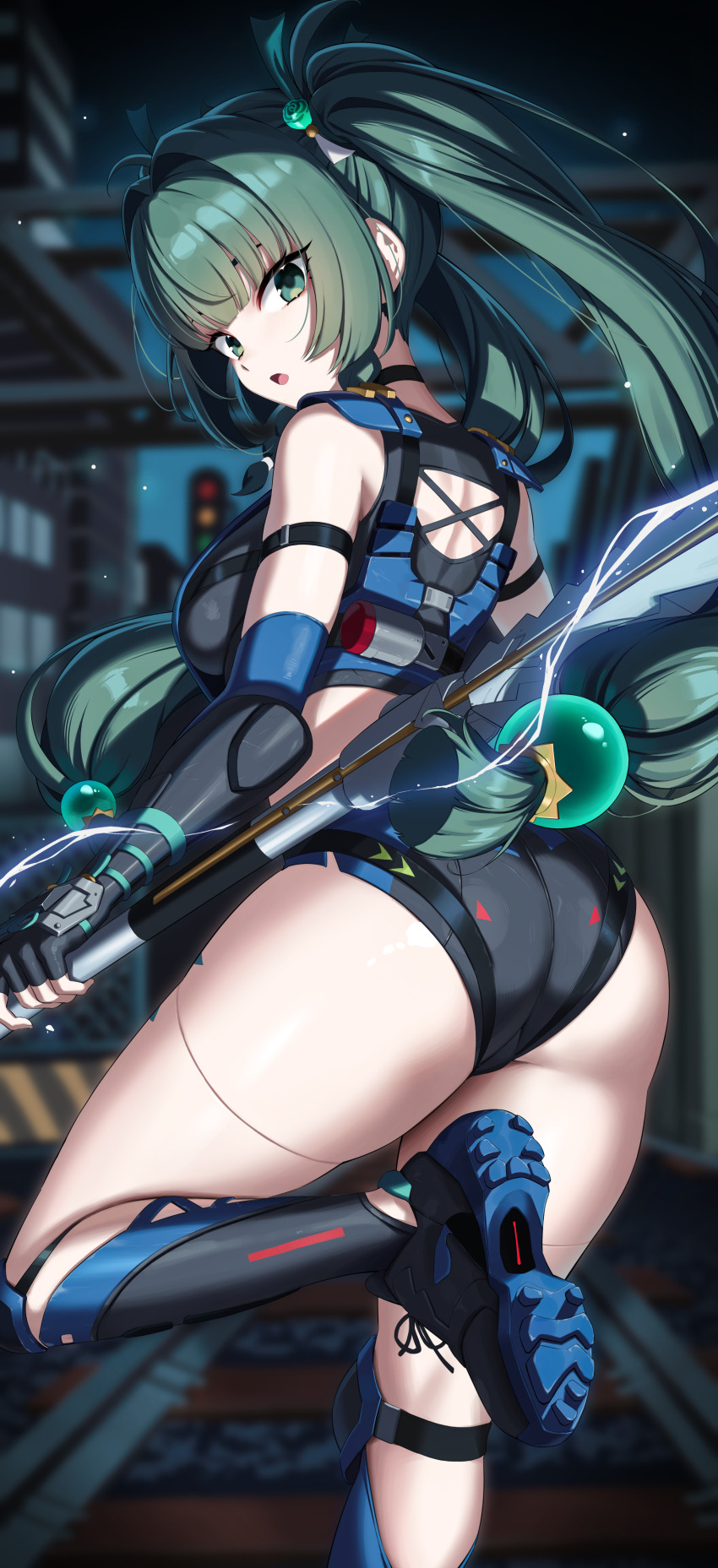 1girl :o absurdres ass bare_shoulders black_gloves breasts elbow_gloves fingerless_gloves foot_out_of_frame gloves green_eyes green_hair hair_ornament highres holding holding_weapon kook large_breasts legs long_hair looking_at_viewer looking_back open_mouth qingyi_(zenless_zone_zero) sideboob standing standing_on_one_leg thick_thighs thighs twintails weapon zenless_zone_zero