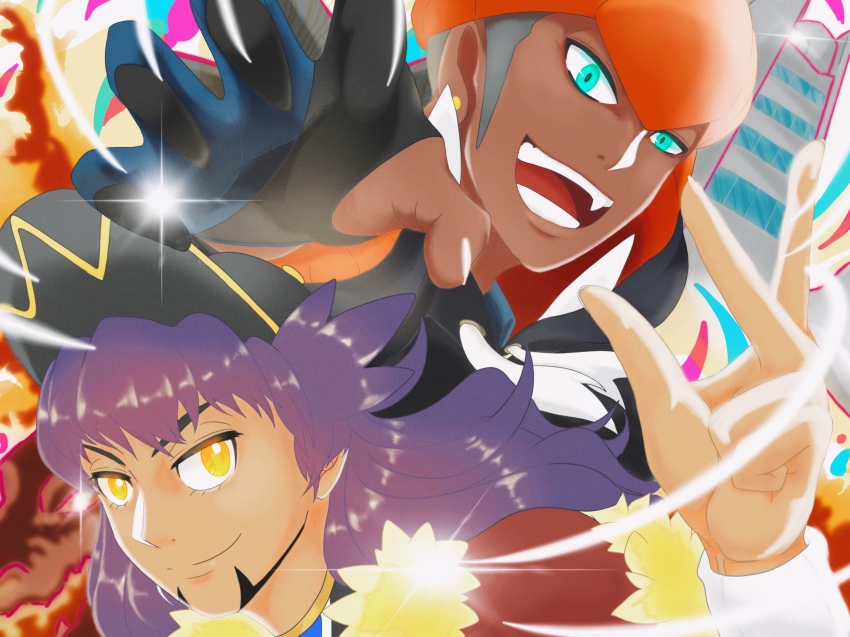 2boys absurdres black_hair charizard dark_skin duraludon facial_hair gen_1_pokemon gen_8_pokemon gigantamax gigantamax_charizard gigantamax_duraludon gloves goatee highres leon_(pokemon) long_hair looking_at_viewer multiple_boys nintendo pokemon pokemon_(creature) pokemon_swsh purple_eyes purple_hair raihan_(pokemon) single_glove smile teeth yellow_eyes