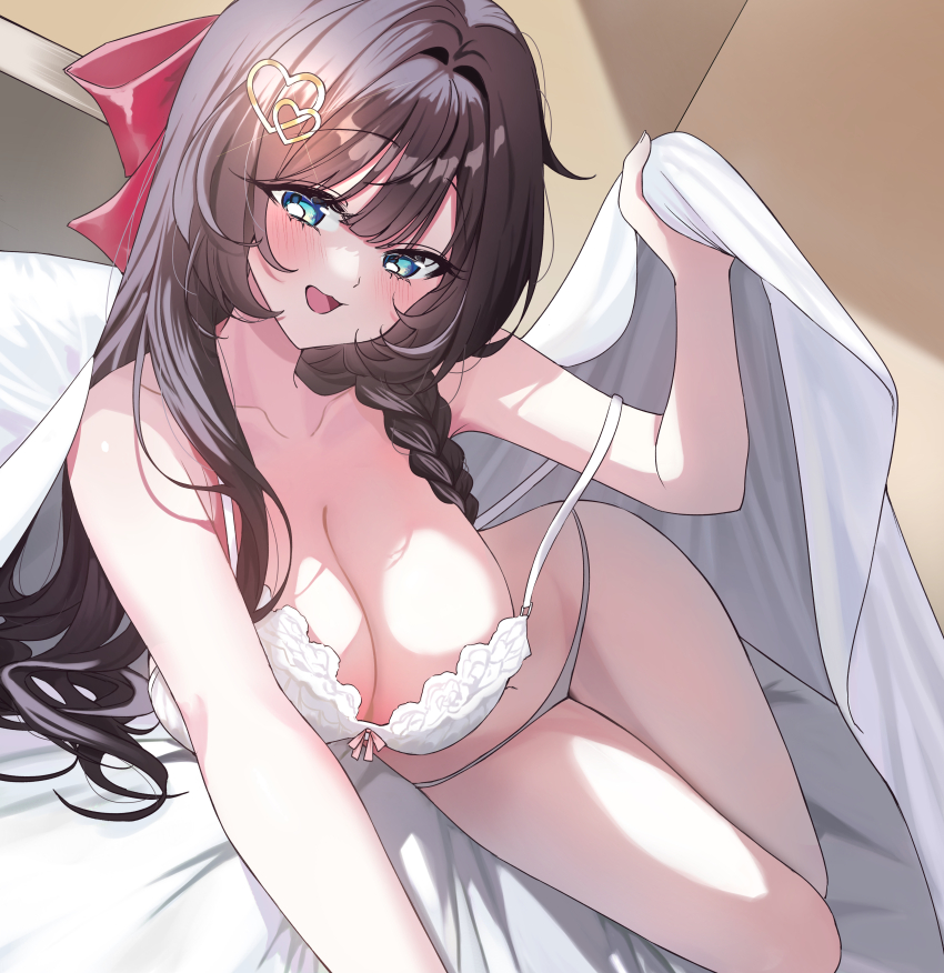 1girl absurdres aol_lo_a bare_shoulders bed bed_sheet black_hair blanket blue_eyes blush bow bra braid breasts cleavage collarbone commentary dutch_angle glint hair_between_eyes hair_bow hair_intakes hair_ornament hair_spread_out hand_up heart heart_hair_ornament highres holding holding_blanket indoors large_breasts lingerie long_hair looking_at_viewer lying navel on_bed on_side open_mouth outstretched_arm panties red_bow shirayuki_hina sidelocks solo stellive stomach strap_slip thighs underwear underwear_only very_long_hair virtual_youtuber white_bra white_panties