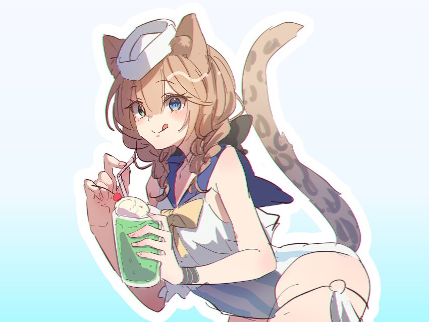 1girl animal_ear_fluff animal_ears blue_background blue_eyes bow bowtie braid brown_hair cat_ears cat_girl cat_tail cup dmr_pic green_eyes hair_between_eyes hat heterochromia highres holding holding_cup honkai_(series) honkai_impact_3rd official_alternate_costume one-piece_swimsuit pardofelis short_hair solo striped_clothes striped_one-piece_swimsuit swimsuit tail thighs tongue tongue_out twin_braids vertical-striped_clothes vertical-striped_one-piece_swimsuit white_hat white_one-piece_swimsuit yellow_bow yellow_bowtie