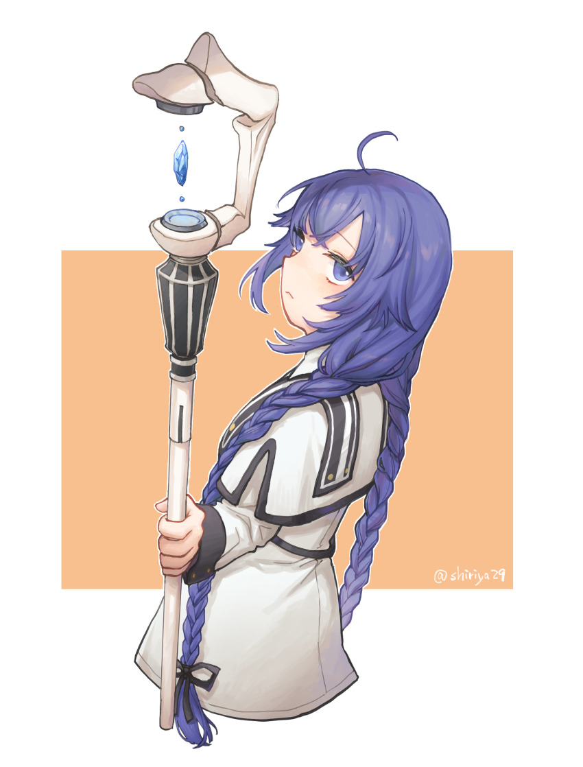 1girl :&lt; absurdres black_ribbon blue_gemstone border braid capelet closed_mouth cropped_torso dress expressionless gem hair_ribbon highres holding holding_staff long_hair looking_at_viewer looking_to_the_side miya8111 mushoku_tensei orange_background outside_border purple_eyes purple_hair ribbon roxy_migurdia sidelocks simple_background solo staff twin_braids twitter_username white_border white_capelet white_dress