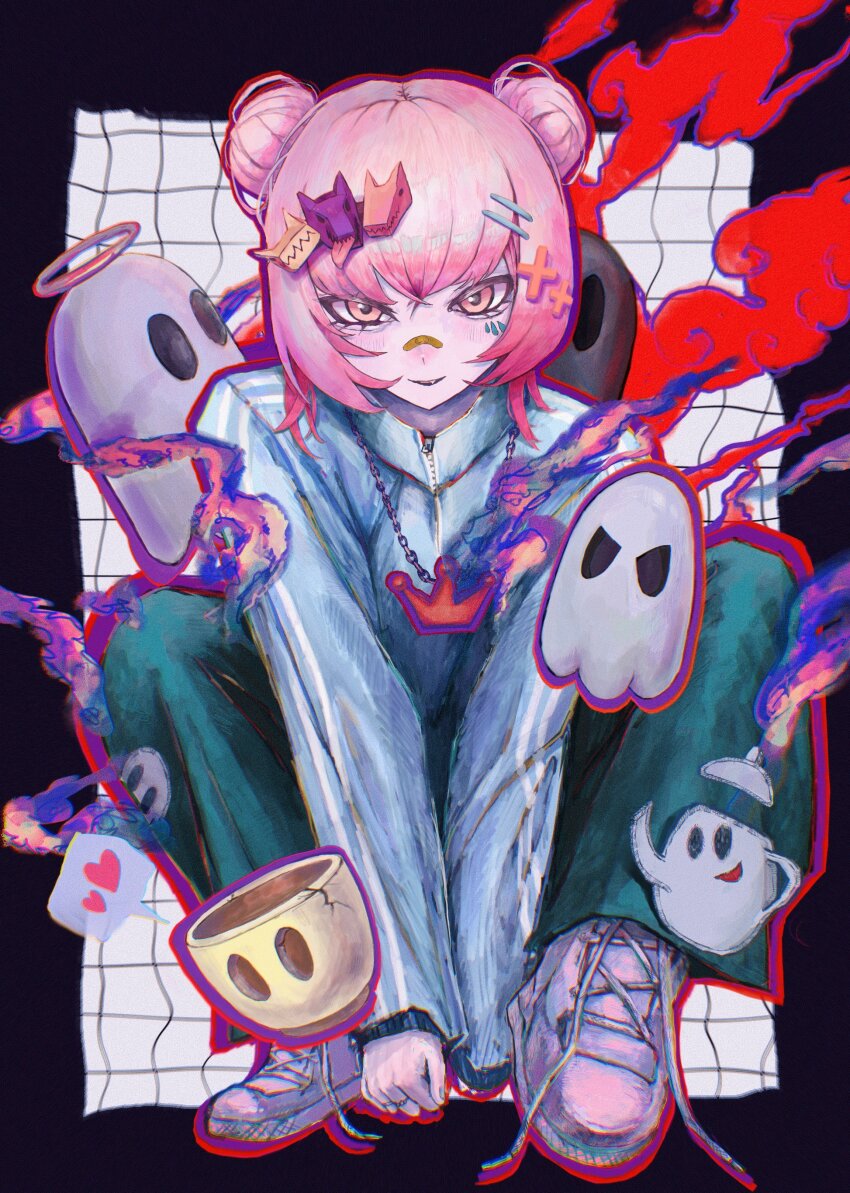 1girl absurdres bandaid bandaid_on_face bandaid_on_nose blue_jacket blush border chain chain_necklace checkered_background commentary crown_ornament cup dog_hair_ornament double_bun english_commentary eyelashes fang fang_out full_body ghost green_pants hair_bun hair_ornament hairpin halo heart highres jacket jewelry long_sleeves looking_at_viewer lui_n24 mark_under_eye medium_hair multiple_rings necklace orange_eyes original outline pants pink_hair purple_border purple_outline ring shoes smile smoke sneakers solo spoken_heart squatting teapot white_background x_hair_ornament zipper_pull_tab