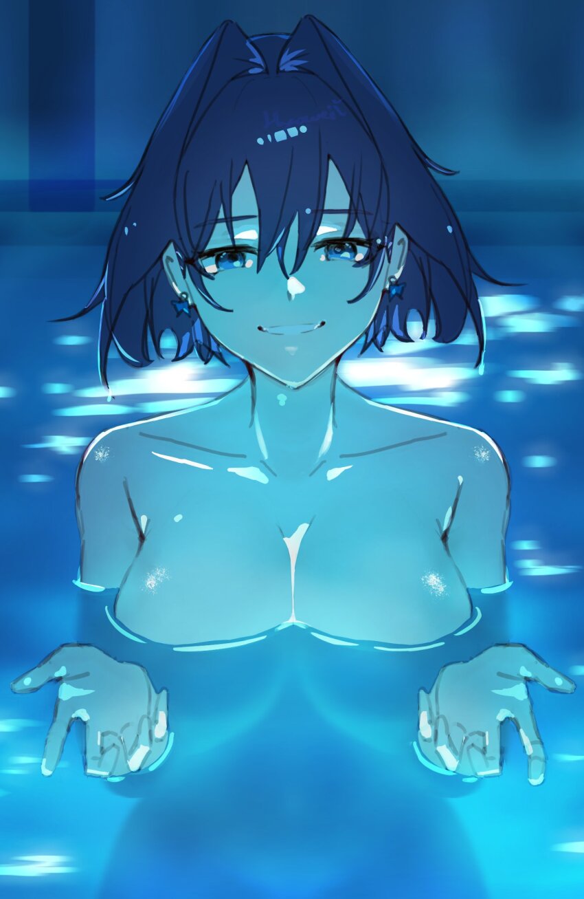 1girl blue_eyes blue_hair blue_theme bow bow_earrings breasts chainsaw_man earrings grin hair_intakes hashtag-only_commentary highres hololive hololive_english huge_breasts i&#039;ll_teach_you_everything_(chainsaw_man) jewelry looking_at_viewer medium_hair ouro_kronii partially_submerged scene_reference smile solo teeth virtual_youtuber weiiyxn