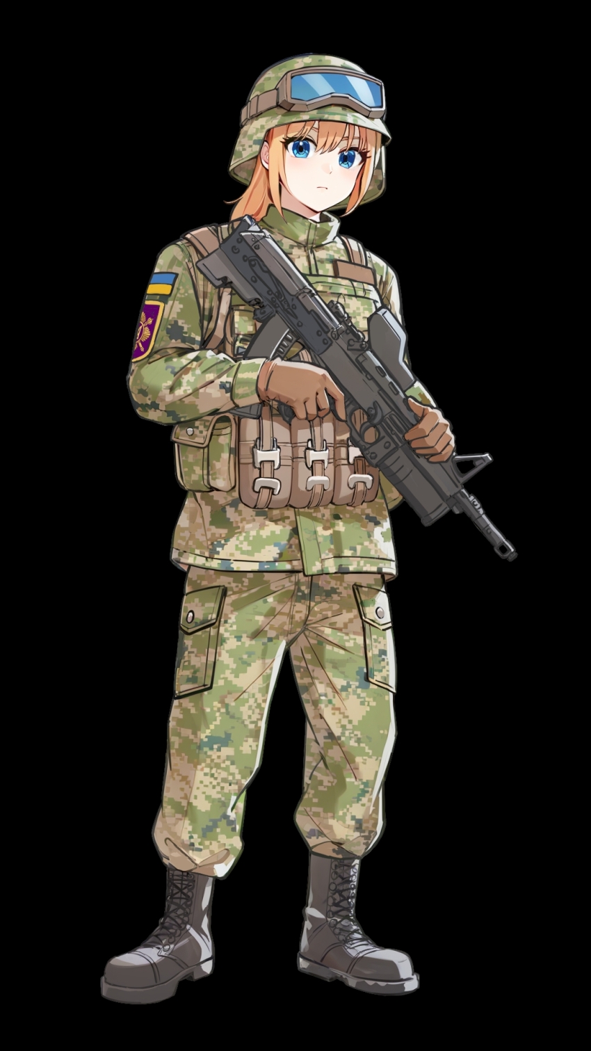 1girl black_background blue_eyes boots brown_gloves bullpup camouflage digital_camouflage full_body girls&#039;_frontline gloves goggles goggles_on_head grenade_launcher gun helmet highres history_loving_cucumber holding holding_gun holding_weapon lace-up_boots load_bearing_vest looking_at_viewer military_combat_uniform military_uniform orange_hair second-party_source solo standing ukrainian_ground_forces underbarrel_grenade_launcher vepr vepr_(girls&#039;_frontline) weapon