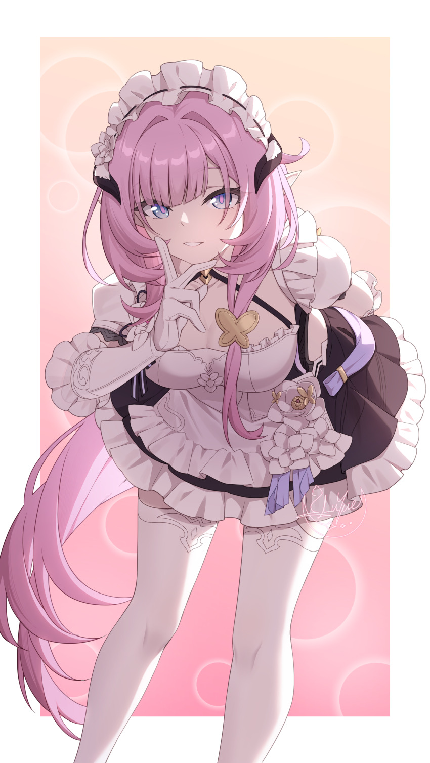 1girl absurdres apron black_dress blue_eyes border breasts chinese_commentary cleavage commentary_request dress elf elysia_(honkai_impact) elysia_(miss_pink)_(honkai_impact) elysia_(miss_pink_elf)_(honkai_impact) fake_horns gloves highres honkai_(series) honkai_impact_3rd horns large_breasts leaning_forward long_hair looking_at_viewer luyue maid maid_apron maid_headdress official_alternate_costume parted_lips pink_background pink_hair pointy_ears solo thighhighs white_apron white_border white_gloves white_thighhighs