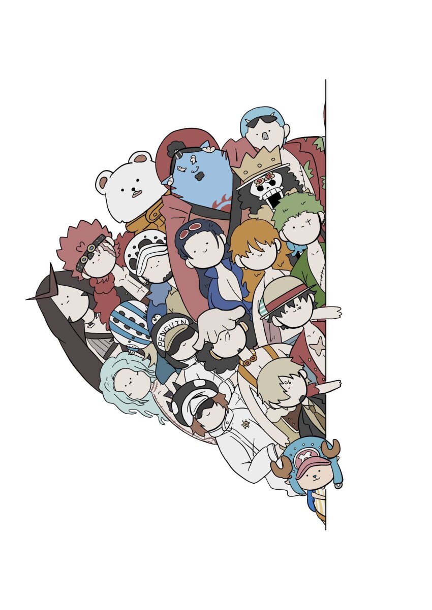 2girls 6+boys bear bepo_(one_piece) black_hair blonde_hair blue_hair blue_skin brook_(one_piece) buzz_cut chibi colored_skin commentary_request crown eustass_kid eyewear_on_head facial_hair franky_(one_piece) goatee goggles goggles_around_neck gokuya_59 green_hair hair_over_one_eye hair_slicked_back hat heat_(one_piece) highres hockey_mask jinbe_(one_piece) jumpsuit killer_(one_piece) long_hair long_nose looking_at_viewer mask monkey_d._luffy multiple_boys multiple_girls nami_(one_piece) nami_(one_piece)_(return_to_sabaody) nico_robin nico_robin_(return_to_sabaody) one_piece orange_hair orange_jumpsuit penguin_(one_piece) red_hair roronoa_zoro sanji_(one_piece) scar scar_across_eye scar_on_chest scar_on_face shachi_(one_piece) short_hair skeleton smile straw_hat tony_tony_chopper trafalgar_law usopp very_short_hair white_jumpsuit wire_(one_piece)