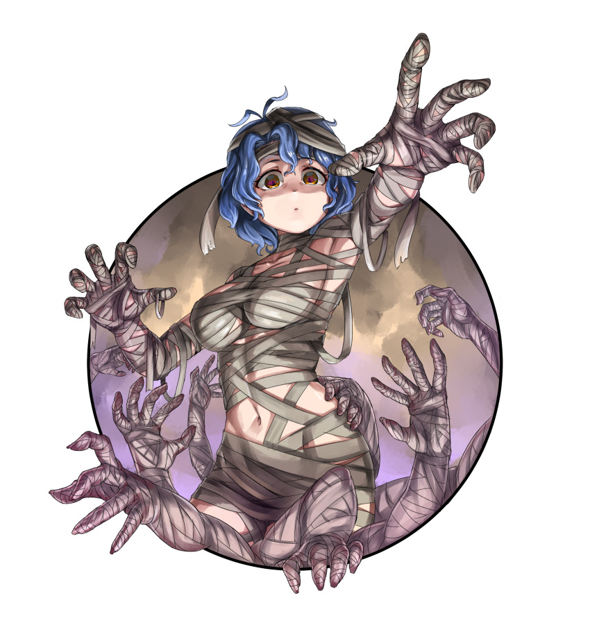 1girl absurdres antenna_hair bandage_on_hair bandaged_arm bandaged_chest bandages blue_hair breasts brown_eyes closed_mouth collarbone commentary english_commentary foreshortening highres hold111 idolmaster idolmaster_million_live! large_breasts looking_at_viewer mummy_costume naked_bandage navel outstretched_arm partially_shaded_face short_hair simple_background toyokawa_fuka wavy_hair white_background