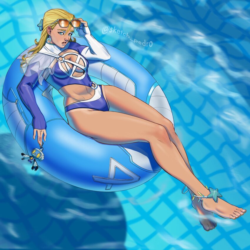 1girl anklet artist_name breasts eyewear_on_head highres innertube jewelry marvel marvel_rivals medium_breasts navel official_alternate_costume orange-tinted_eyewear pool sketch_pedro solo sue_storm sue_storm_(azure_shade) swim_ring tinted_eyewear