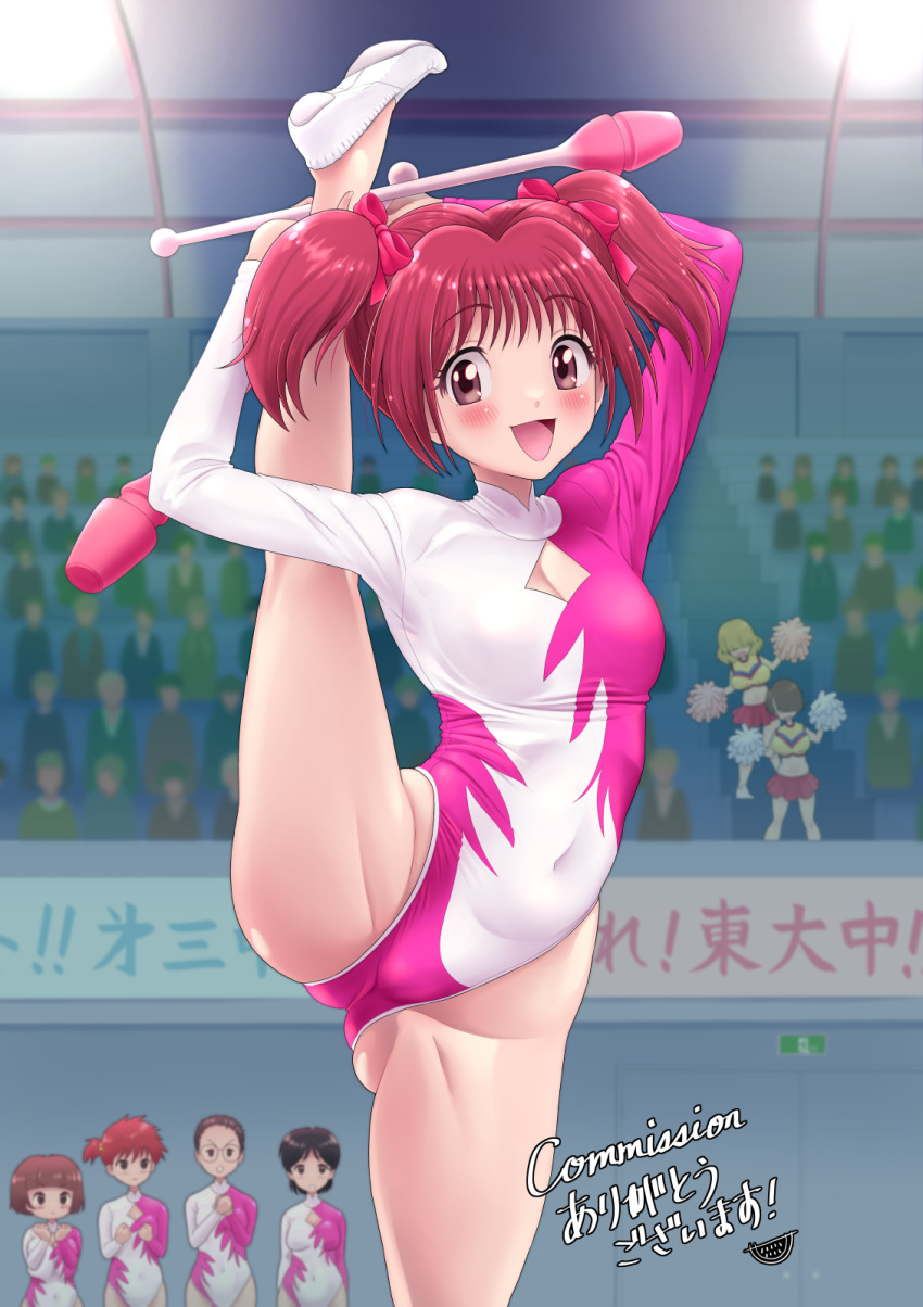 6+girls above-cleavage_cutout athletic_leotard cheerleader clothing_cutout commentary_request commission covered_navel cowboy_shot gymnastics highleg highleg_leotard highres juggling_club leotard long_sleeves momomiya_ichigo multicolored_leotard multiple_girls pixiv_commission red_eyes red_hair rhythmic_gymnastics short_hair solo_focus split standing standing_on_one_leg standing_split suika_blue tokyo_mew_mew twintails two-tone_leotard white_leotard