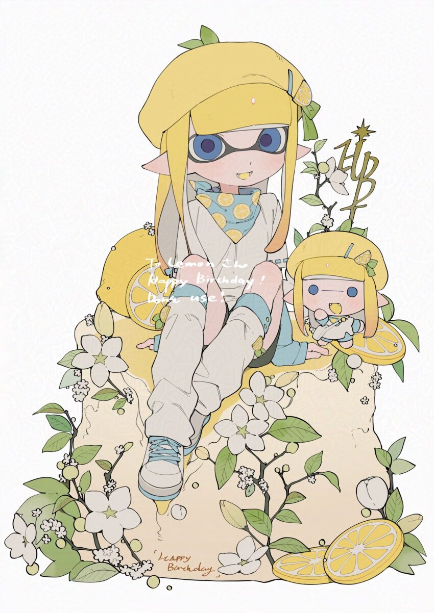 1girl bandana bandana_around_neck beret black_shorts blonde_hair blue_arm_warmers blue_bandana blue_eyes blunt_bangs chibi chibi_inset colored_tongue fangs food-themed_hair_ornament food_print fruit_print full_body gift_art gomi20021021 hair_ornament happy_birthday hat highres inkling inkling_girl inkling_player_character lemon_hair_ornament lemon_print long_hair looking_at_viewer nintendo open_mouth pointy_ears print_bandana shirt shoes short_sleeves shorts simple_background sitting smile sneakers socks splatoon_(series) tentacle_hair watermark white_background white_footwear white_shirt white_socks yellow_hat yellow_tongue
