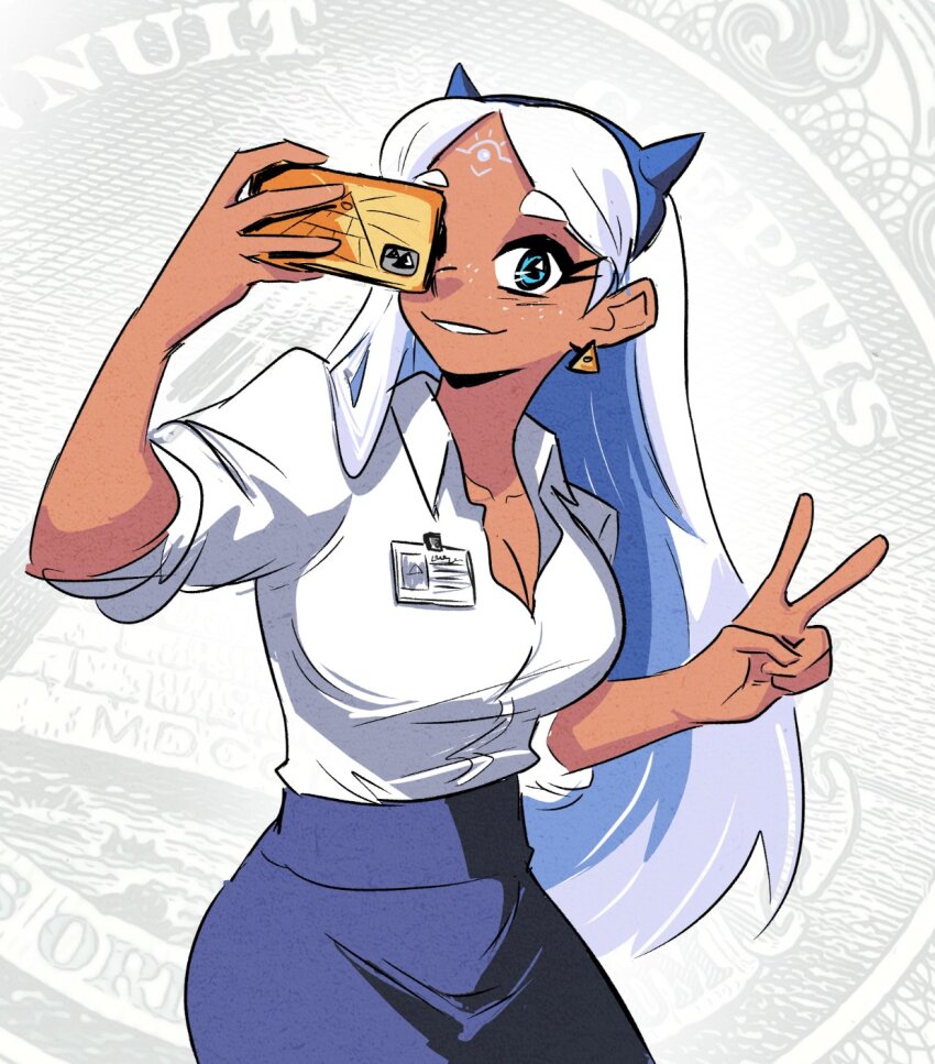 1girl badge blue_eyes blue_hair blue_skirt breasts cellphone commentary dark-skinned_female dark_skin earrings english_commentary eye_of_providence facial_mark forehead_mark freckles highres horned_hat apryl_dyoa jewelry large_breasts long_hair multicolored_hair original parted_bangs parted_lips pencil_skirt phone shirt skirt sleeves_rolled_up smartphone smile solo spicymancer thick_eyebrows triangle_earrings two-tone_hair v very_long_hair white_hair white_shirt wing_collar