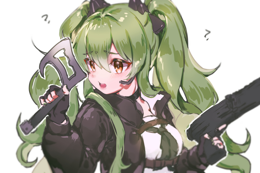 1girl ? bamyamsj black_gloves black_jacket black_neckwear breasts brown_eyes calico_light_weapons_systems calico_m950 calico_m950a cheek_pistol commentary_request double-stack_magazine dual_wielding female_focus fingerless_gloves girls&#039;_frontline gloves green_hair gun hair_between_eyes handgun headgear headset helical_magazine high-capacity_magazine holding holding_gun holding_weapon jacket korean_commentary long_hair long_sleeves m950a_(girls&#039;_frontline) m950a_(mod3)_(girls&#039;_frontline) machine_pistol medium_breasts mod3_(girls&#039;_frontline) open_clothes open_jacket pistol shirt simple_background solo submachine_gun twintails upper_body weapon white_background white_shirt