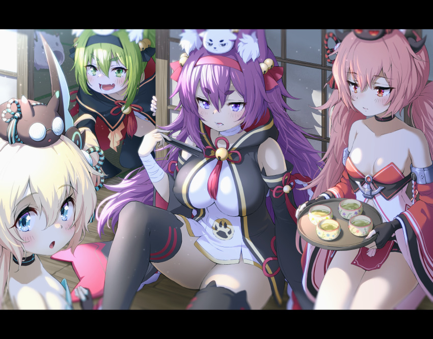 4girls animal_ear_fluff animal_ears azur_lane bandaged_arm bandages bare_shoulders bell black_ribbon blonde_hair blue_eyes blue_ribbon blush breasts capelet choker cleavage closed_mouth collarbone cup detached_sleeves fang fingerless_gloves folded_fan folding_fan fox_ears gloves green_eyes green_hair green_tea grimace hair_bell hair_between_eyes hair_ornament hair_ribbon hairband hamakaze_(azur_lane) hand_fan highres holding holding_fan holding_tray isokaze_(azur_lane) jitome kneeling large_breasts letterboxed long_hair long_sleeves looking_at_another looking_at_viewer mosquito_coil multiple_girls open_mouth pink_hair porch purple_eyes purple_hair red_eyes red_ribbon ribbon seiza shouji sidelocks sitting sliding_doors small_breasts smile tanikaze_(azur_lane) tatami tayuura_(kuwo) tea teacup teeth thick_eyebrows thighhighs thighs tray twintails urakaze_(azur_lane) very_long_hair wide_sleeves