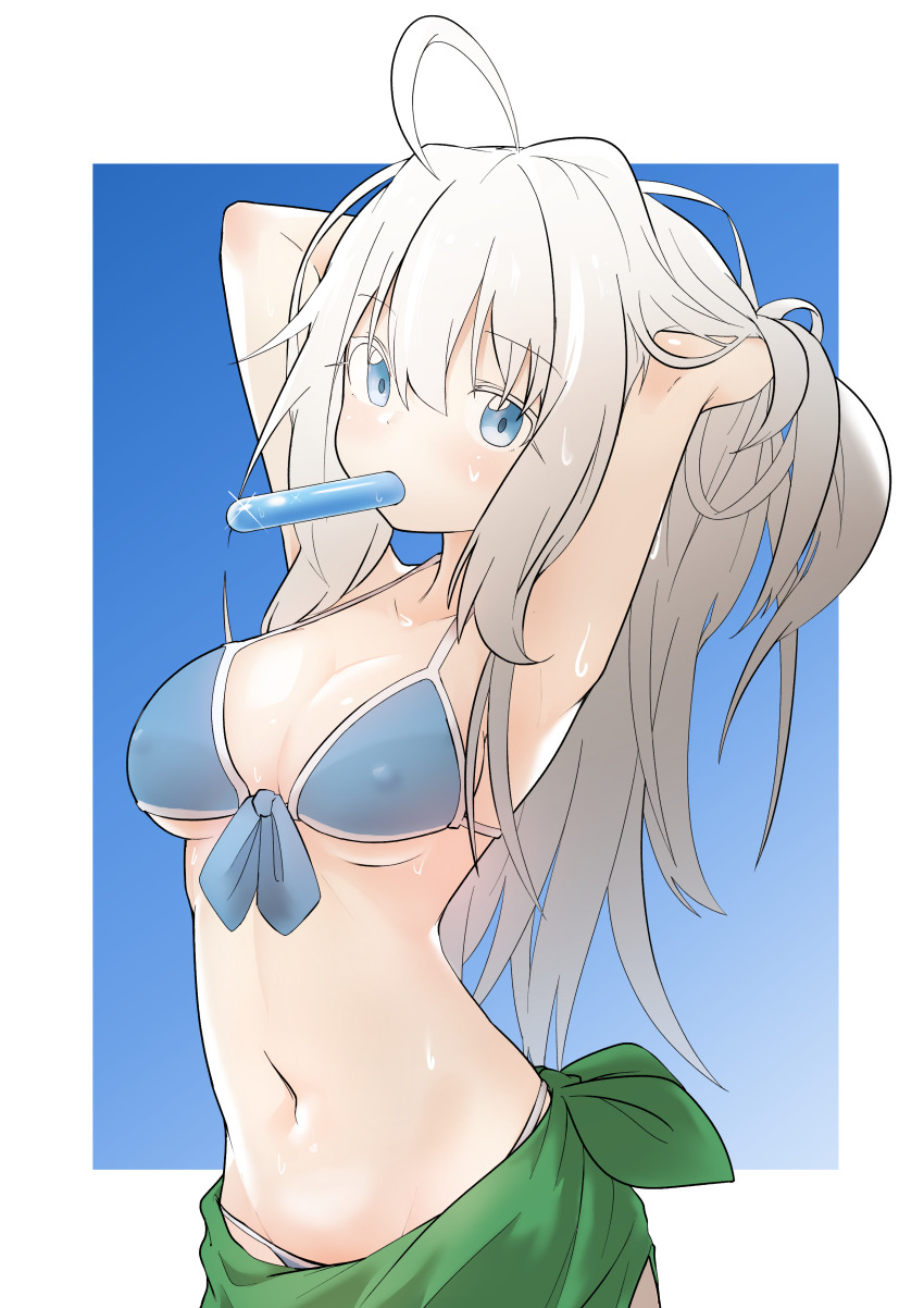 1girl absurdres ahoge armpits arms_behind_head arms_up bikini blonde_hair blue_eyes blush breasts bural_chingu covered_erect_nipples female_focus hair_between_eyes highres long_hair looking_at_viewer medium_breasts navel park_noah sarong solo sweat swimsuit tupet two_side_up wweed