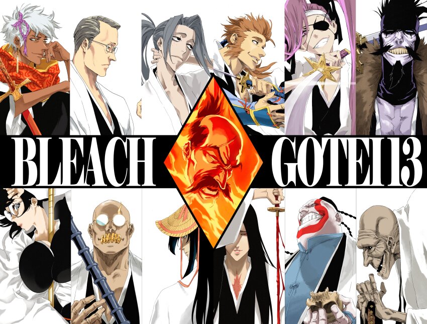 3girls 6+boys absurdres aged_down arm_up bald bankai black_hair blank_eyes bleach bleach:_sennen_kessen-hen blood bloody_weapon blue_eyes breasts brown_hair commentary copyright_name dark-skinned_male dark_skin english_commentary everyone evil_grin evil_smile eyepatch facial_hair glasses glint grey_hair grin haori highres holding holding_skull holding_sword holding_weapon huge_breasts izuhara_kinroku japanese_clothes katana katori_batsuunsai kubo_tite_(style) kumoi_entetsu long_hair long_sleeves looking_ahead looking_at_viewer looking_to_the_side mature_female mature_male minazuki_(bankai) multiple_boys multiple_girls mustache obana_danjirou official_style old old_man one_eye_covered outogawa_furuoki parted_lips pedrozox2093 ponytail profile purple_eyes purple_hair round_eyewear saitou_furoufushi sakahone_saizou scar scar_on_chest scar_on_face scar_on_forehead shigyou_nobutsuna shihouin_chika shijima_chigiri short_hair simple_background skull smile spiked_hair sunken_cheeks sword taichou_haori twintails unohana_retsu upper_body weapon white_background white_hair wide_sleeves yamamoto-genryuusai_shigekuni yellow_eyes yellow_teeth zanka_no_tachi_(bankai) zenjouji_uhin