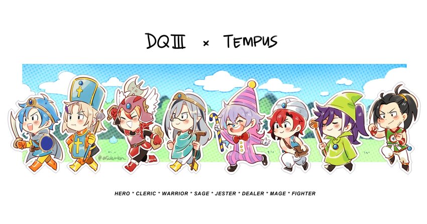 armor axe axel_syrios banzoin_hakka black_hair blonde_hair blue_hair blue_sky boots bow bowtie braid cane cape chibi cleric closed_eyes closed_mouth cloud coll_(erichankun) cosplay dougi dragon_quest dragon_quest_iii english_text martial_artist_(dq3) gavis_bettel glasses gloves gradient_hair grey_hair helmet hero_(dq3) highres holding holding_axe holding_cane holding_shield holding_staff holding_sword holding_weapon holostars holostars_english jester gadabout_(dq3) josuiji_shinri long_hair machina_x_flayon mage_(dq3) magni_dezmond makeup merchant_(dq3) multicolored_hair noir_vesper obi orange_gloves pink_hair pointy_ears ponytail priest_(dq3) purple_hair red_gloves red_hair regis_altare sage_(dq3) sash shield side_braid sky sleeveless slime_(creature) slime_(dragon_quest) smile warrior_(dq3) staff streaked_hair sword tiara tree tunic turban virtual_youtuber walking weapon winged_helmet yellow_gloves