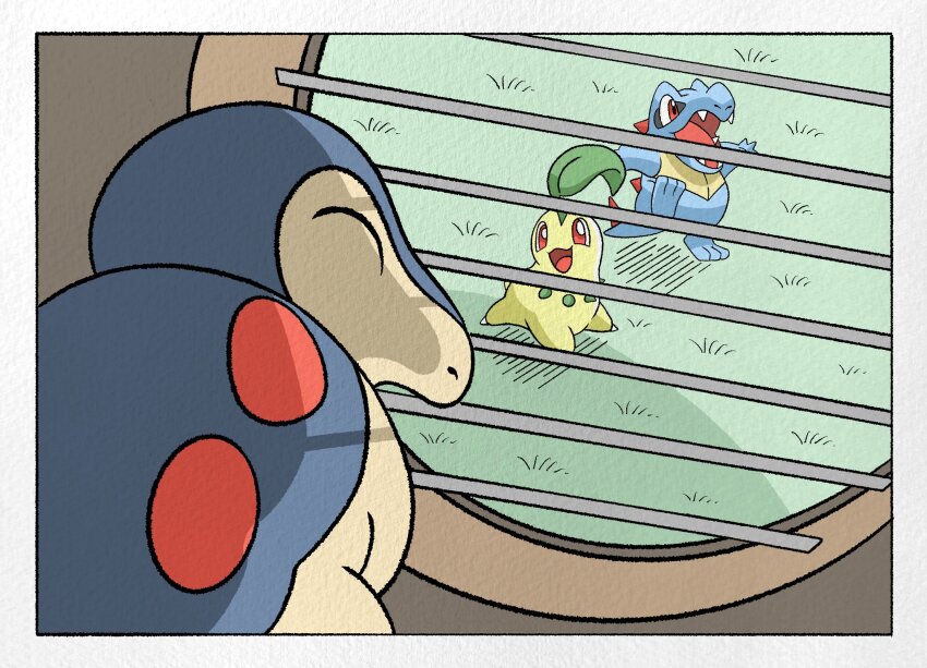 border chikorita closed_eyes commentary cyndaquil english_commentary fangs gen_2_pokemon grass highres looking_through_window meme nintendo no_humans open_mouth parody pokemon pokemon_(creature) pokemon_legends:_z-a red_eyes spongebob_squarepants_(series) squidward_looking_out_the_window_(meme) starter_pokemon_trio totodile wesatinthecar window