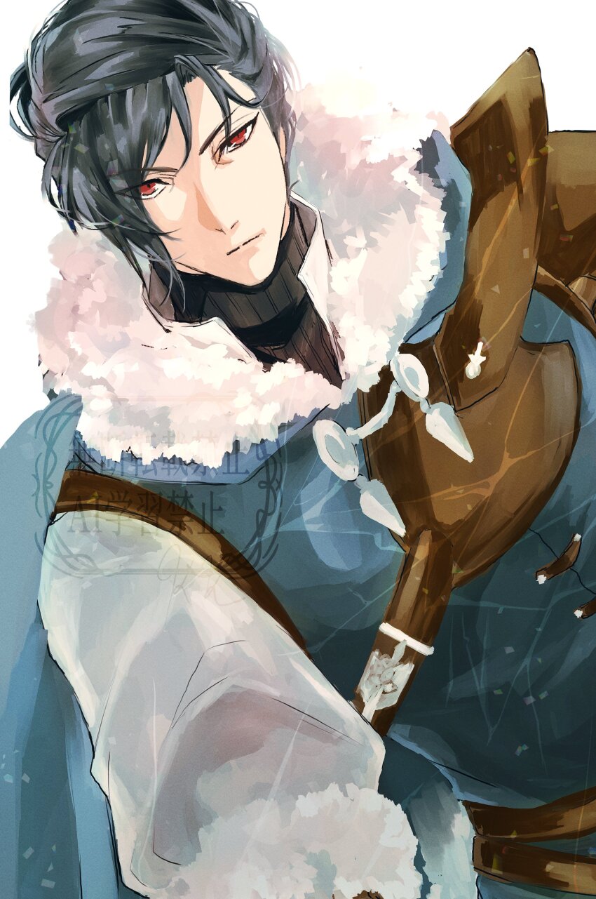 1boy :| absurdres aqua_cape aqua_tunic armor belt black_hair brown_belt cape cimile07 closed_mouth felix_hugo_fraldarius felix_hugo_fraldarius_(timeskip) fire_emblem fire_emblem:_three_houses fur-trimmed_gloves fur-trimmed_hood fur_trim gloves highres hood hooded_cape leather_armor long_sleeves looking_ahead male_focus multiple_belts nintendo outstretched_arm pauldrons red_eyes shirt shoulder_armor simple_background single_pauldron solo tunic white_background white_fur white_shirt