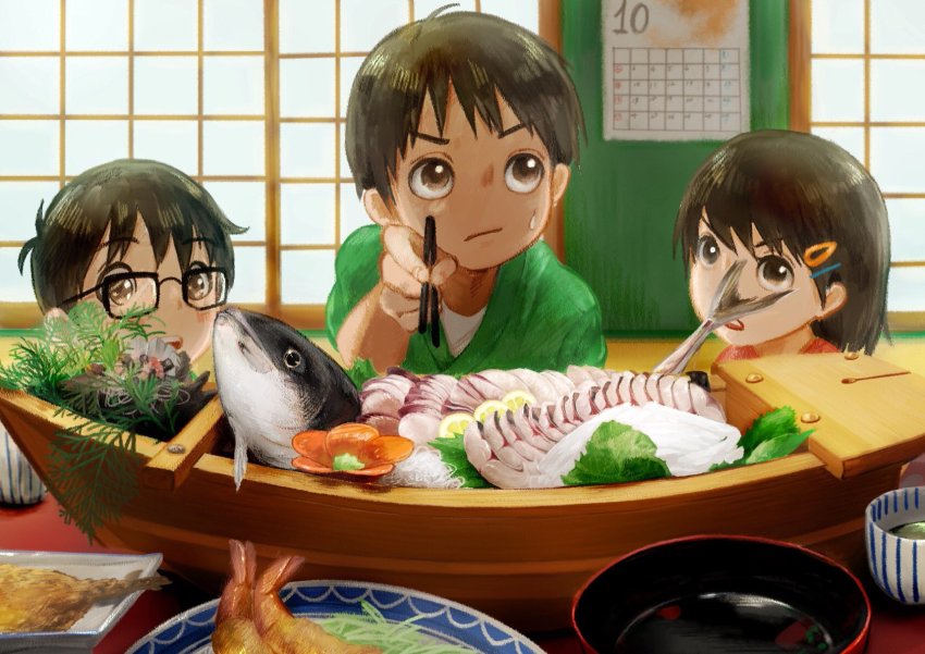 &gt;:o 1girl 2boys :o blush brown_eyes brown_hair calendar child chopsticks closed_mouth commentary_request fish fish_(food) food food_request fried_fish glasses green_shirt hair_ornament hairclip highres holding holding_chopsticks indoors looking_away looking_up multiple_boys original parted_lips sako_(35s_00) sashimi shirt short_hair short_sleeves shouji shrimp shrimp_tempura sliding_doors sweatdrop table tempura v-shaped_eyebrows white_shirt