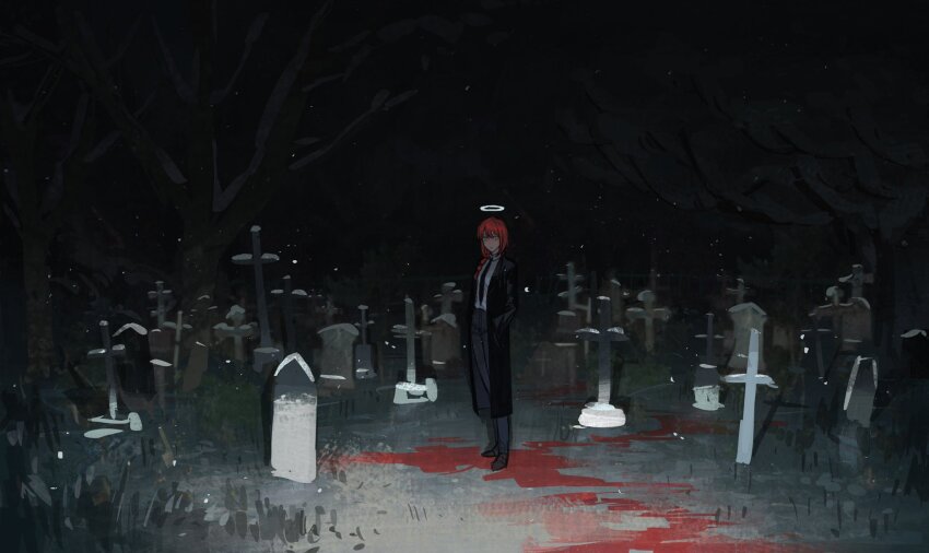1girl bare_tree black_coat black_necktie black_pants blood blood_on_ground blood_trail braid braided_ponytail chainsaw_man coat collared_shirt dark formal_clothes grave graveyard halo hands_in_pockets highres kgynh looking_at_viewer makima_(chainsaw_man) medium_hair necktie night pants red_hair shirt shirt_tucked_in sidelocks snowing solo standing suit tombstone tree white_shirt wide_shot