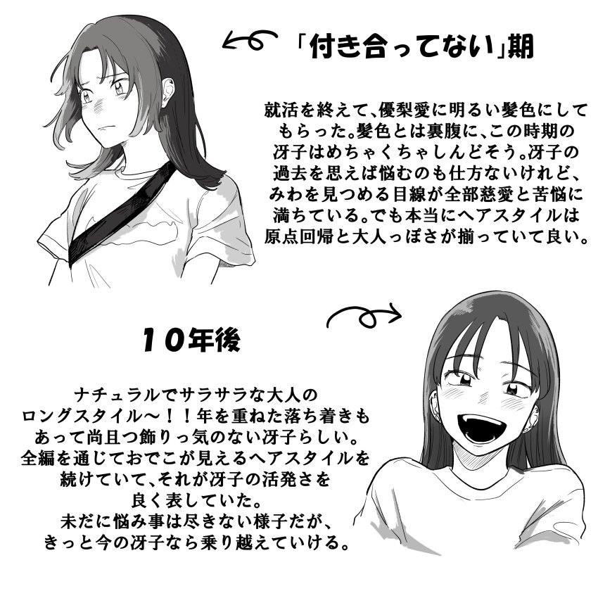 absurdres greyscale highres kashiwano555 monochrome sawatari_saeko shirt solo t-shirt text_focus translation_request tsukiatte_agetemo_ii_kana upper_body