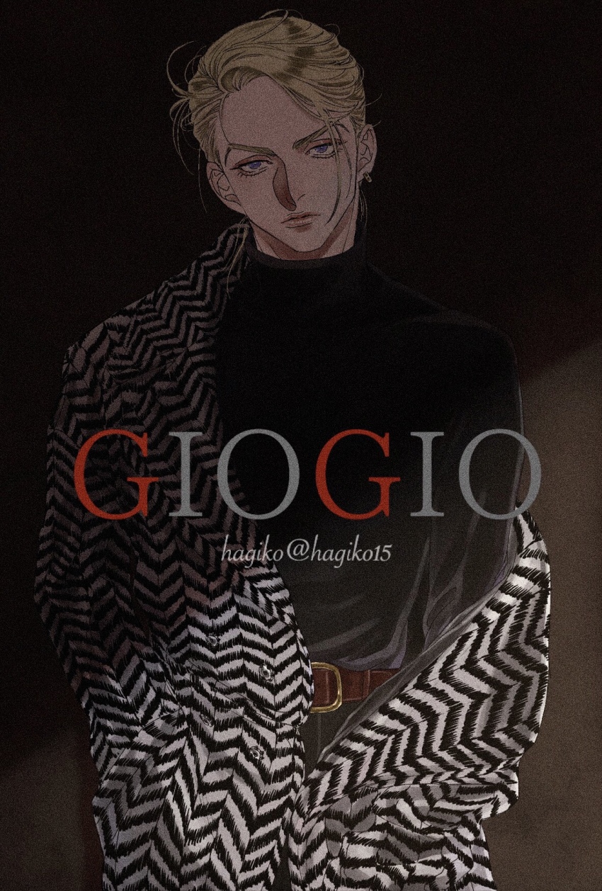 1boy aegyo_sal artist_name black_shirt blonde_hair blue_eyes closed_mouth coat copyright_name cowboy_shot earrings eyeshadow film_grain fur_coat hagiko15 hand_in_pocket head_tilt highres jewelry jojo_no_kimyou_na_bouken lips makeup male_focus prosciutto shirt shirt_tucked_in short_hair single_earring single_off_shoulder solo twitter_username vento_aureo
