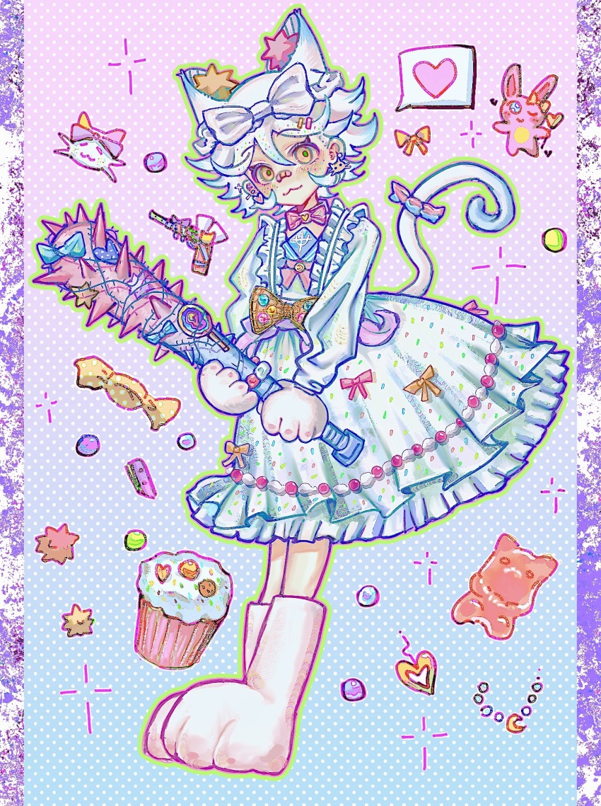 1girl :3 animal_ear_fluff animal_ears animal_hands bandaid bandaid_on_face bandaid_on_nose boots bow bowtie candy cat_ears cat_girl cat_tail chundizhouqin closed_mouth club_(weapon) commentary cupcake cute_weapon dress flat_chest food freckles full_body gloves gradient_background green_outline green_pupils gummy_bear hair_between_eyes hair_bow highres holding holding_club holding_weapon long_sleeves original outline pastel_colors paw_gloves paw_shoes pink_bow pink_bowtie polka_dot polka_dot_background short_hair smile solo symbol-only_commentary tail weapon white_boots white_bow white_dress white_gloves white_hair yellow_bow yellow_eyes