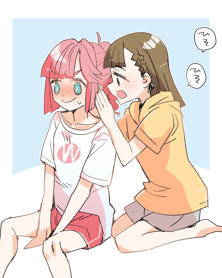 &gt;:) 2girls :d ahoge alternate_color anyoji_hime anyoji_hime_(summer_loungewear) black_ribbon blue_background blue_eyes blunt_sidelocks blush border braid brown_hair center-flap_bangs collarbone commentary_request grey_shorts hair_ribbon highres hood hoodie invisible_chair kachimachi_kosuzu kachimachi_kosuzu_(summer_loungewear) kanduki_kamibukuro link!_like!_love_live! long_sleeves love_live! multi-tied_hair multiple_girls nose_blush open_mouth outside_border pink_shorts ribbon shirt short_shorts short_sleeves shorts side_braids sidelocks simple_background sitting smile t-shirt v-shaped_eyebrows virtual_youtuber wariza whispering whispering_in_ear white_border white_shirt yellow_hoodie yuri