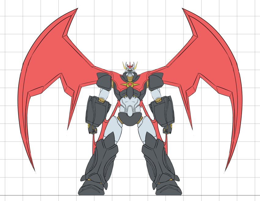 clenched_hands full_body highres horns looking_at_viewer mazinger_(series) mazinkaiser mazinkaiser_(robot) mecha mecha_focus mechanical_wings mobuseibihei no_humans pilder robot science_fiction solo standing super_robot wings yellow_eyes