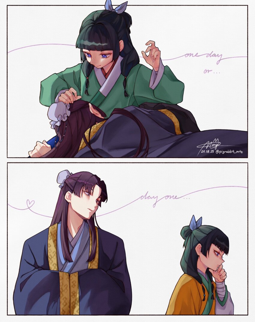 1boy 1girl bandaged_wrist bandages beads black_jacket blue_eyes blue_ribbon blue_robe blunt_bangs border bun_cover chinese_clothes couple dated english_text green_hair green_shirt hair_beads hair_bun hair_ornament hair_over_shoulder hair_ribbon half_updo hand_to_own_mouth hetero highres jacket jinshi_(kusuriya_no_hitorigoto) kusuriya_no_hitorigoto lap_pillow long_hair looking_at_another maomao_(kusuriya_no_hitorigoto) parted_bangs pigrabbit_mtz pink_eyes purple_hair ribbon robe shirt sidelocks signature twitter_username upper_body white_background white_border