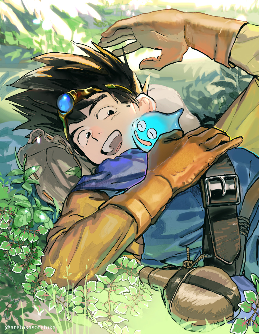 1boy 1other :d aretokasoretoka belt black_belt black_eyes black_hair blue_gemstone blue_tunic brown_bag cape circlet commentary_request dragon_quest dragon_quest_iii flask gem gloves gold_circlet hero_(dq3) highres leaf looking_at_another looking_down lying male_focus on_back on_ground open_mouth orange_gloves outdoors purple_cape roto_(dq3) short_hair slime_(dragon_quest) smile spiked_hair tunic twitter_username