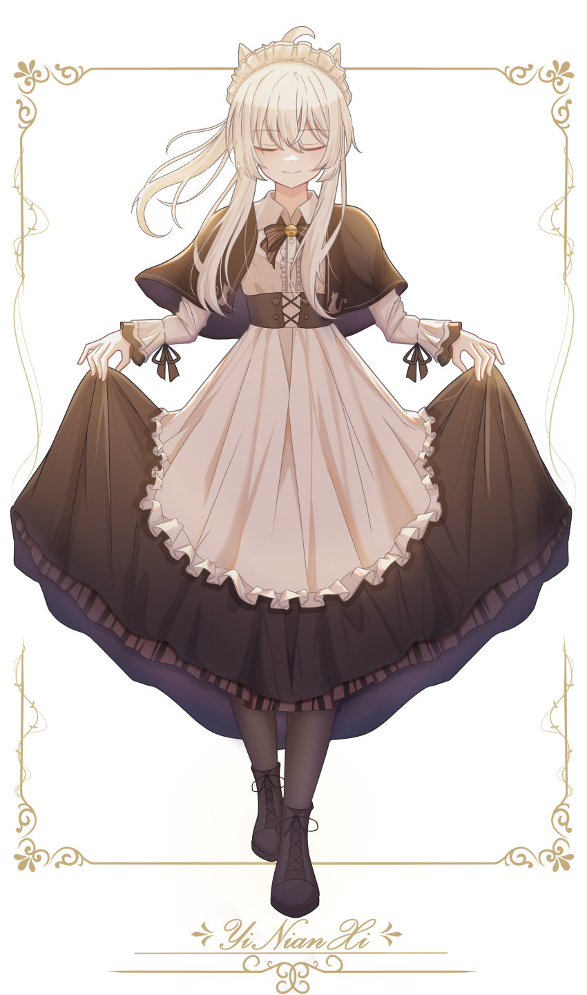 1girl absurdres airtair animal_ears apron bell black_capelet black_dress black_thighhighs capelet cat_ears closed_eyes closed_mouth collar corset cross-laced_footwear curtsey dress elaina_(majo_no_tabitabi) full_body highres jingle_bell light_smile long_bangs long_hair maid maid_headdress majo_no_tabitabi neck_ribbon ribbon solo thighhighs white_apron white_collar white_hair white_headdress