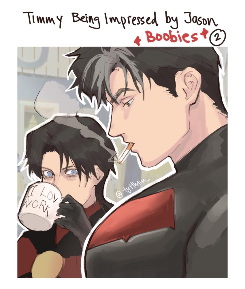 2boys bara batman_(series) black_shirt blue_eyes brothers bursting_pectorals cigarette cup dc_comics drinking english_text girl_staring_at_guy&#039;s_chest_(meme) highres holding holding_cup jason_todd large_pectorals looking_at_pectorals male_focus meme multicolored_hair multiple_boys muscle_envy muscular muscular_male pectoral_focus pectorals red_hood_(dc) shirt short_hair siblings smoking twitter_username two-tone_hair tyt_tham white_hair