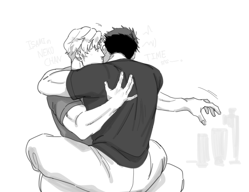 2boys ao_isami bara couple expressionless facial_hair full_body greyscale highres hug lewis_smith male_focus monochrome motion_lines multiple_boys muscular muscular_male mutual_hug pectorals saru_e_chan shirt short_hair sideburns sideburns_stubble sitting sitting_on_lap sitting_on_person stubble t-shirt thick_eyebrows translation_request yaoi yuuki_bakuhatsu_bang_bravern