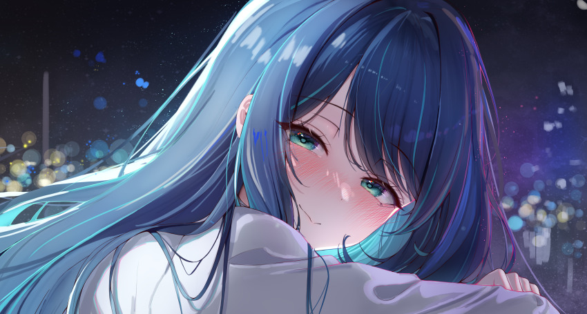1girl absurdres blue_eyes blue_hair blush commentary crossed_arms english_commentary highres kurokawa_akane lilac_(k32420276) long_hair night night_sky oshi_no_ko shirt sky smile solo turning_head white_shirt