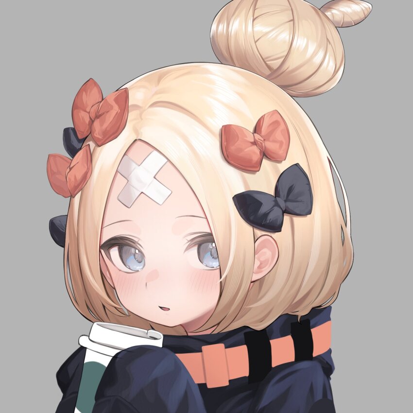 1girl abigail_williams_(fate) abigail_williams_(traveling_outfit)_(fate) bandaid bandaid_on_face bandaid_on_forehead belt black_bow black_jacket blonde_hair blue_eyes blush bow crossed_bandaids cup disposable_coffee_cup disposable_cup fate/grand_order fate_(series) forehead hair_bow hair_bun high_collar highres jacket lazu0721 long_hair long_sleeves orange_belt orange_bow parted_bangs parted_lips sleeves_past_fingers sleeves_past_wrists solo