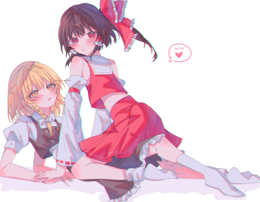 2girls absurdres amatukimahoro black_vest blonde_hair blush bow braid brown_hair chromatic_aberration collared_shirt commentary detached_sleeves hair_bow hair_tubes hakurei_reimu heart highres holding_hands kirisame_marisa looking_at_viewer multiple_girls parted_lips pleated_skirt red_bow red_eyes red_shirt red_skirt shirt side_braid simple_background skirt sleeveless sleeveless_shirt socks spoken_heart straddling touhou twitter_username vest white_background white_bow white_shirt white_socks yellow_eyes yuri