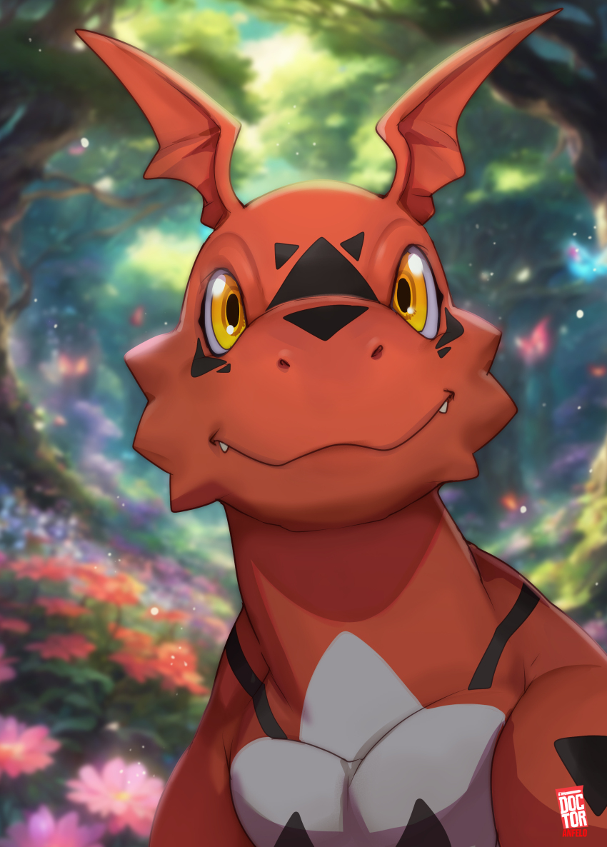 1boy absurdres blurry blurry_background digimon digimon_(creature) digimon_tamers doctor_anfelo fang flower forest guilmon head_wings highres looking_at_viewer nature pink_flower red_flower smile solo tree wings yellow_eyes